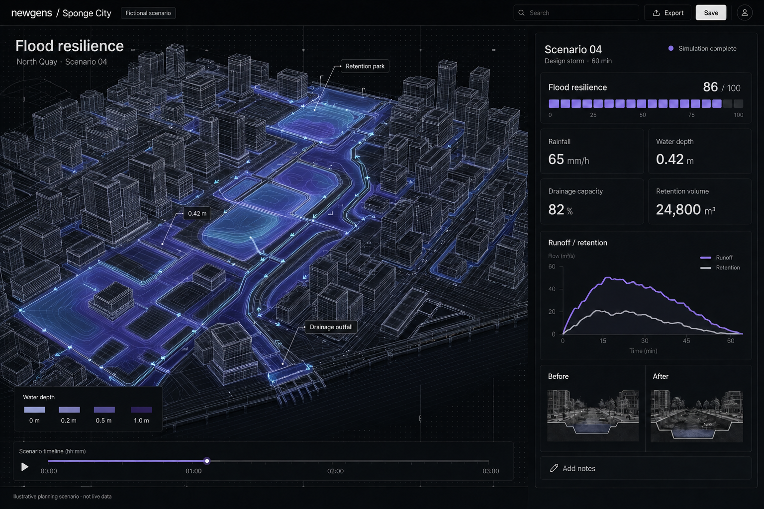 Sponge-city dashboard, illustrative scenario